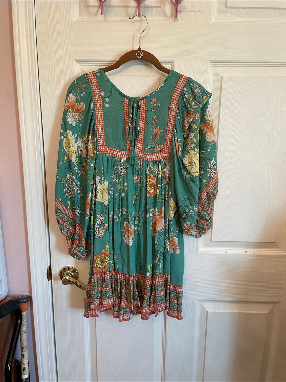 Rachel Zoe Teal Floral Tie-Front Blouse /Short Dress with Coral Trim